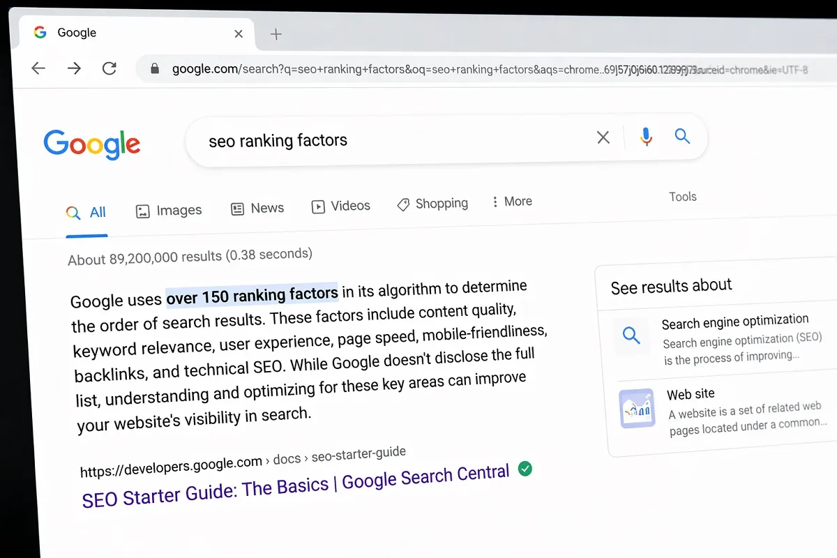 Google search results page showing SEO ranking factors with highlighted snippet referencing over 150 Google ranking signals