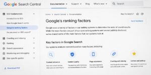 Google Search Central page displaying Google’s ranking factors for SEO, including content quality, relevance, page experience, and indexing signals