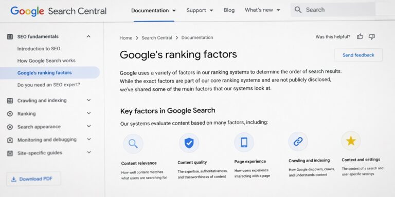 Google Search Central page displaying Google’s ranking factors for SEO, including content quality, relevance, page experience, and indexing signals