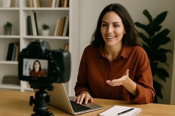 A woman records marketing content on camera while working on her laptop in a bright office.