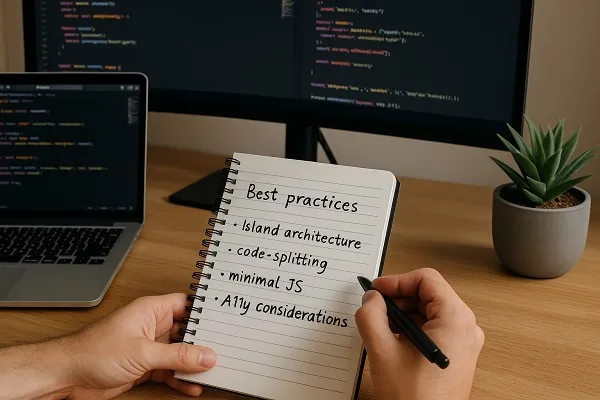 Person writing coding best practices in a notebook beside a laptop and monitor displaying code.
