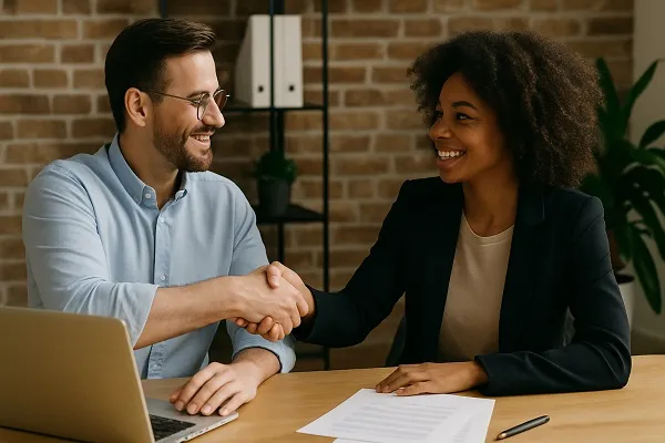 Two business partners shake hands while finalizing a collaboration in an office.