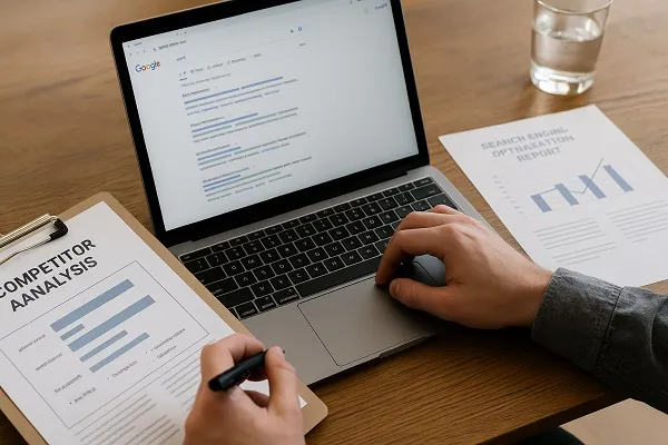A person analyzing SEO search results on a laptop with printed reports and competitor data on a desk.