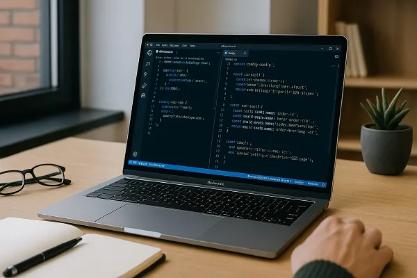 Laptop screen showing code related to content delivery and international SEO in a modern workspace.