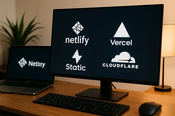 Computer monitor and laptop showing hosting service logos including Netlify, Vercel, and Cloudflare.