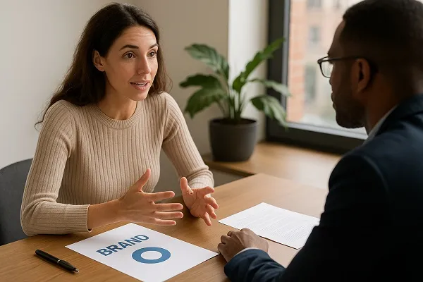 Two marketing professionals discuss brand messaging at a meeting table.