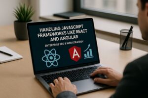 Professional working at a laptop displaying React and Angular logos with analytics graphics.