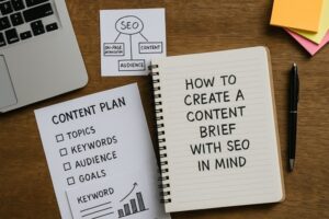 A workspace with a laptop, notebook, and SEO planning sheets showing steps to create a content brief.