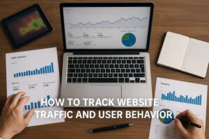 Person analyzing website analytics dashboard on a laptop with charts, reports, and graphs.