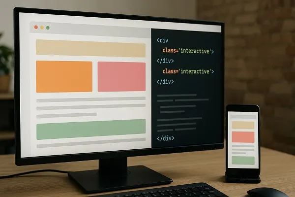 Monitor and smartphone showing a webpage layout with interactive elements highlighted in code.