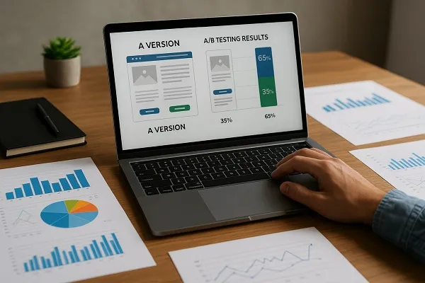 Person analyzing A/B testing results on a laptop with performance charts on a desk.