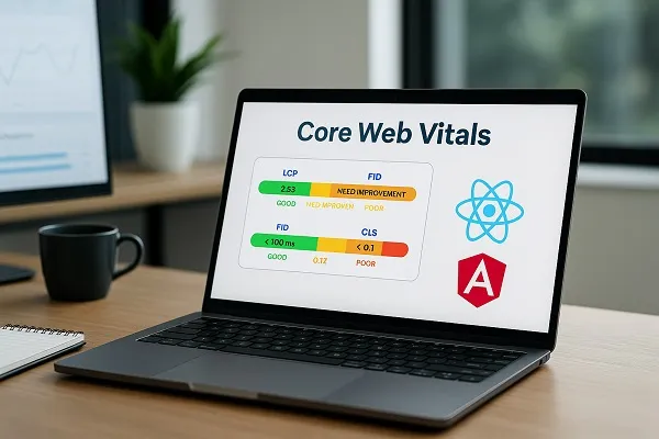Laptop on a desk displaying Core Web Vitals metrics with React and Angular logos.