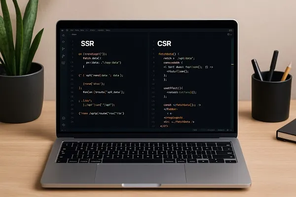 Laptop screen showing real code examples comparing server-side rendering and client-side rendering.