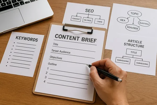 A professional workspace showing a person writing a content brief with SEO outlines and article structure notes on a desk.