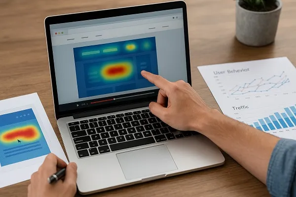 Person analyzing website heatmap data on a laptop with charts and reports on a desk.