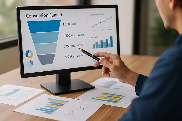 Person analyzing conversion funnel data on a computer with reports and charts on a desk.