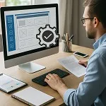 A professional working at a modern desk with a computer displaying a clean web interface, symbolizing a complete all-in-one digital solution — icon for Parrot Branding.