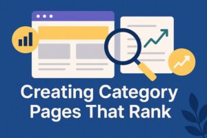 Wide illustration of a website layout with SEO icons, magnifying glass, and growth charts representing creating category pages that rank.