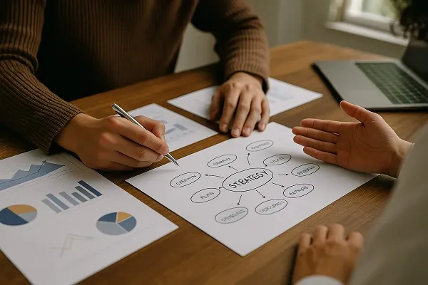 Two professionals reviewing charts and graphs during a strategy planning session.