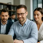 A group of professionals collaborating in a modern office, symbolizing the experienced team at Parrot Branding — icon for Parrot Branding.
