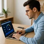 A professional using a laptop in a modern workspace, symbolizing fast-loading, mobile-optimized websites — icon for Parrot Branding.