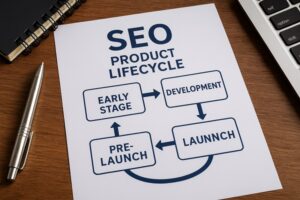 Paper showing SEO product lifecycle stages on a desk with a pen, notebook, and laptop.
