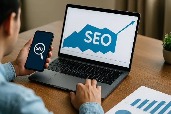 Person analyzing SEO growth charts on laptop and phone during product launch.