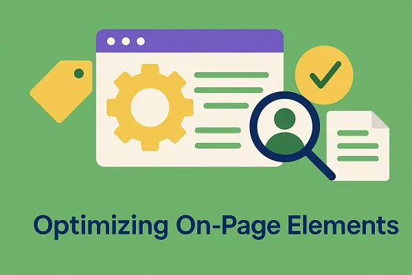 Wide illustration of a webpage with SEO elements like a gear, magnifying glass, document, and checkmark representing on-page optimization.