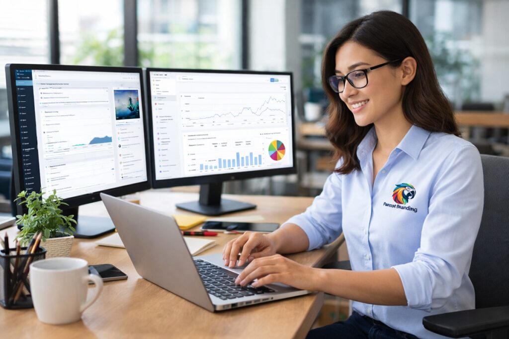 SEO specialist wearing a Parrot Branding logo shirt analyzing website traffic and search performance on multiple monitors