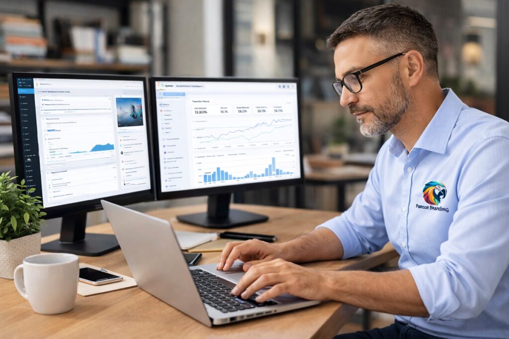 Digital marketing strategist wearing a Parrot Branding logo shirt analyzing SEO performance and website analytics on dual monitors
