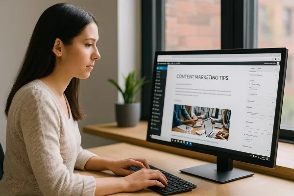 A professional woman editing an article in WordPress, representing Content Marketing services — the main image for this page on Parrot Branding.