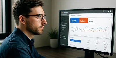 A smart man managing Google Ads campaigns on a widescreen monitor, representing PPC advertising services — icon for Parrot Branding.