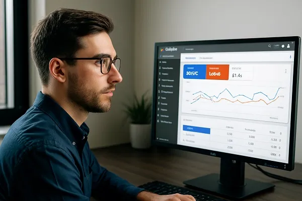 A smart man managing Google Ads campaigns on a widescreen monitor, representing PPC advertising services — the main image for this page on Parrot Branding.