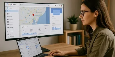 A woman working on Google My Business and Google Maps on her computer, representing SEO services — icon for Parrot Branding.