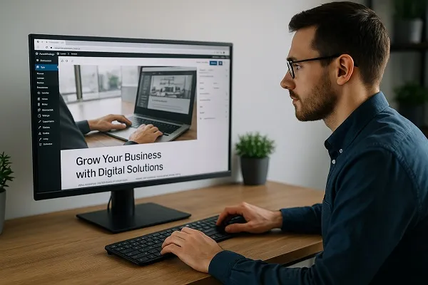 A professional man working on a WordPress website at his desk, representing Web Design & Development services — the main image for this page on Parrot Branding.