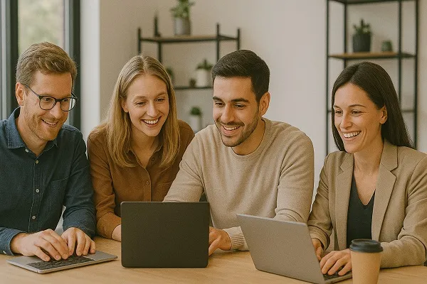 Smiling Parrot Branding professionals collaborating in a modern office.