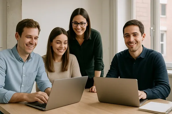 Parrot Branding professionals collaborating at laptops in a wide modern office scene.