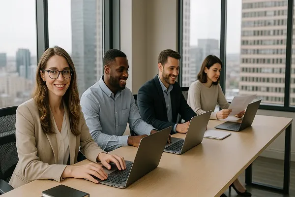 Professionals at Parrot Branding working together in a skyscraper office.