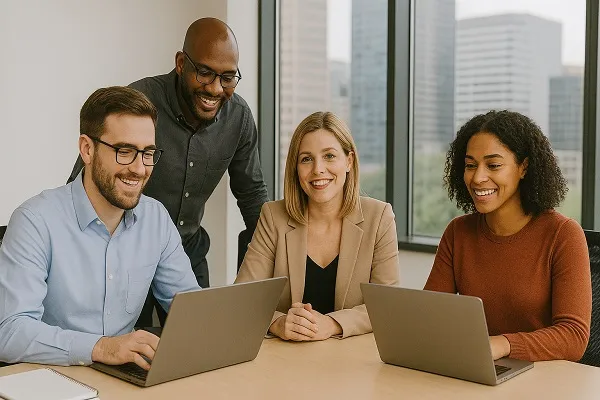 Parrot Branding professionals collaborating in a modern city office.