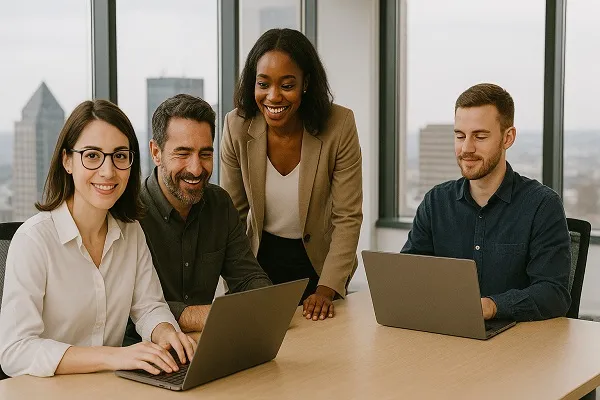 Parrot Branding professionals collaborating in a skyscraper office.
