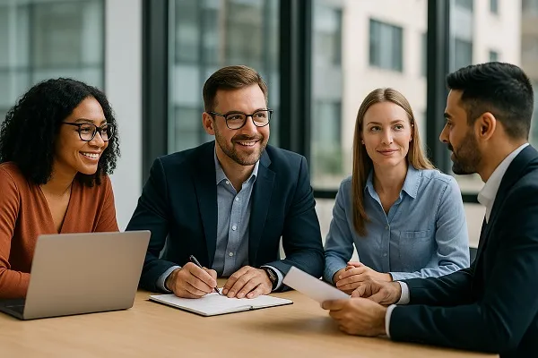 A group of four diverse professionals in a bright modern office collaborating around a table, representing the industries and businesses Parrot Branding serves — the main image for this page.
