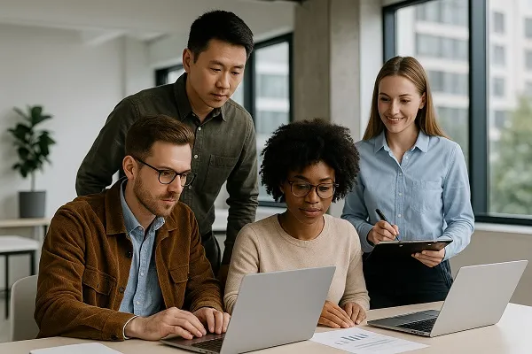The Parrot Branding team collaborating in a modern office with laptops and documents, representing teamwork and digital marketing expertise — the main image for this page.