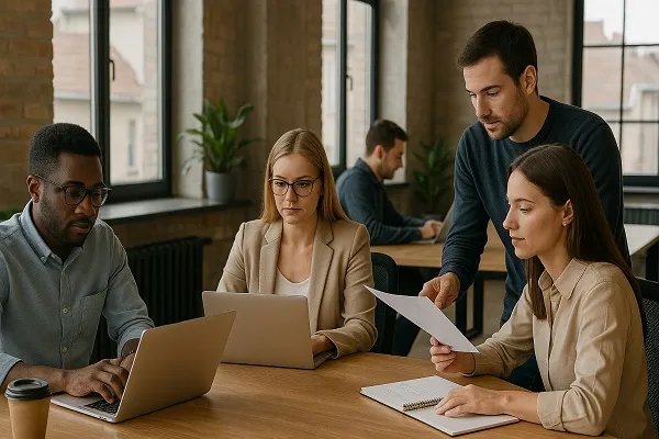 Professionals at Parrot Branding collaborating in a modern office.