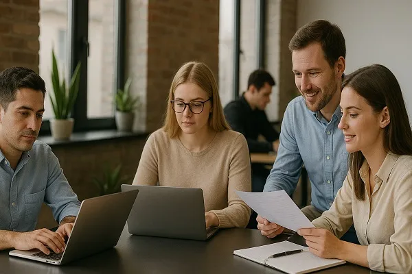 Parrot Branding team with a Spanish professional collaborating in a modern office.