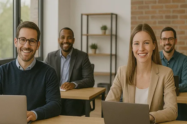 Smiling Parrot Branding professionals working in a bright office.