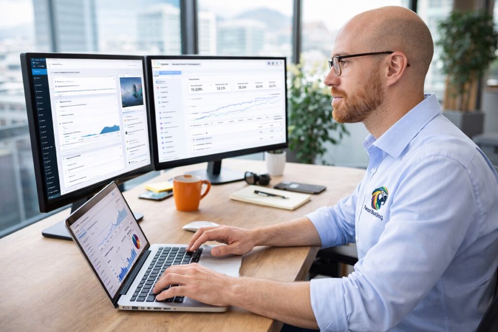 SEO analyst wearing a Parrot Branding logo shirt reviewing website traffic and search analytics on laptop and dual monitors
