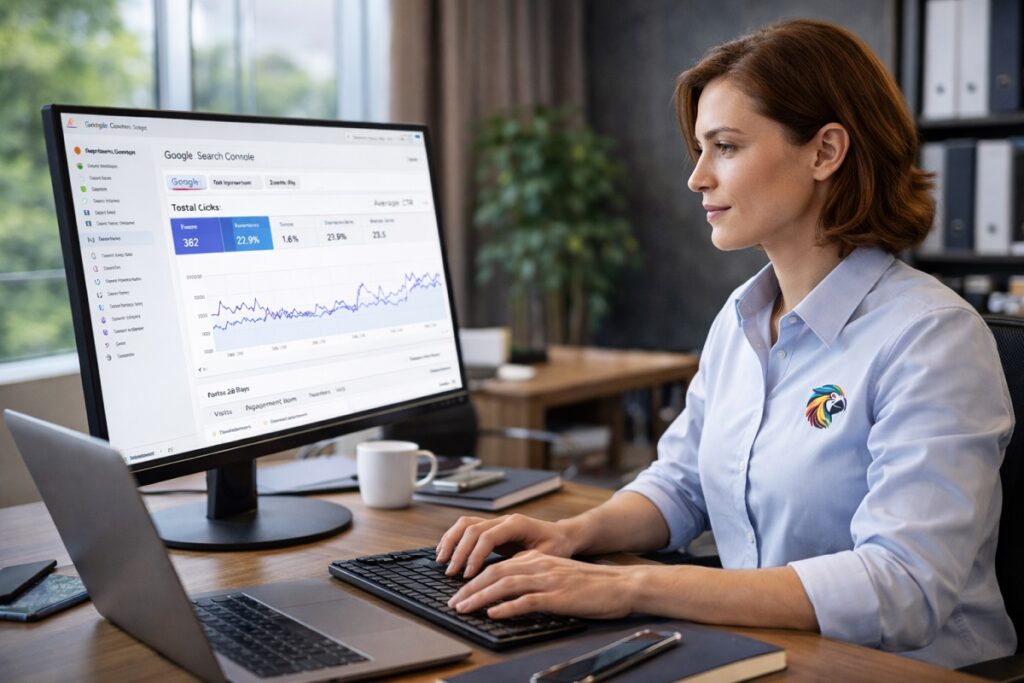SEO specialist reviewing website performance metrics in Google Search Console while working on a desktop computer at an office workstation