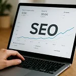A laptop screen displaying SEO analytics with rising traffic graphs, symbolizing SEO performance and growth — icon for Parrot Branding.