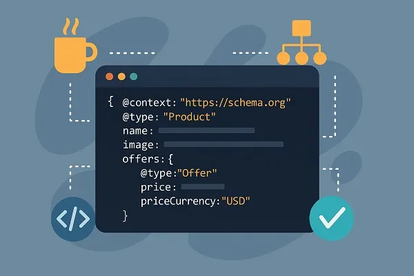 Wide illustration of a code editor displaying JSON-LD schema markup with surrounding icons for coding, hierarchy, and validation.