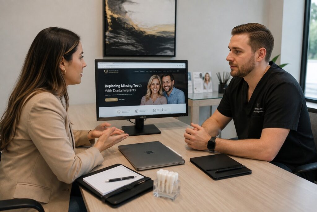 Parrot Branding web consultant presenting a dental implant website to a dental implant business owner.